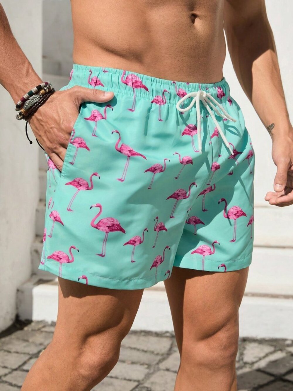 mint Green Casual Men's Swim Trunks Drawstring Stretch Flamingo Print
